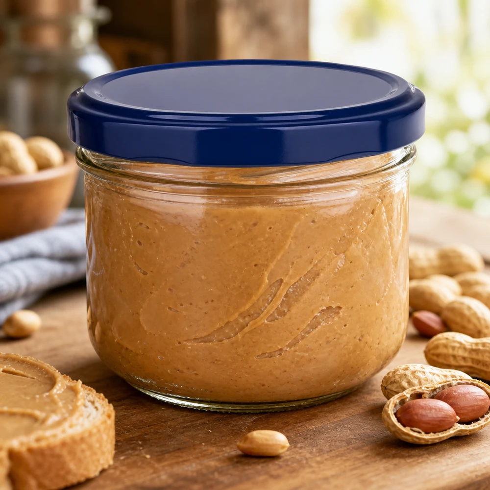 Bicchieri da 260 ml con coperchio BasicSeal blu riempiti di burro di arachidi circondati da noccioline su un tavolo di legno