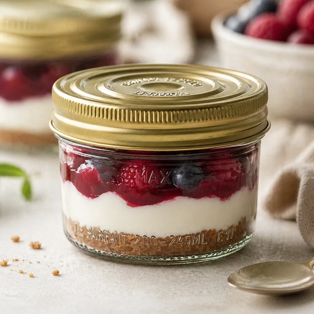Le Parfait® Familia Wiss 200 g Ø82 mm vaso Bicchieri Familia Wiss da 245 ml con coperchio dorato riempiti di bacche e dessert alla crema su tavolo di legno