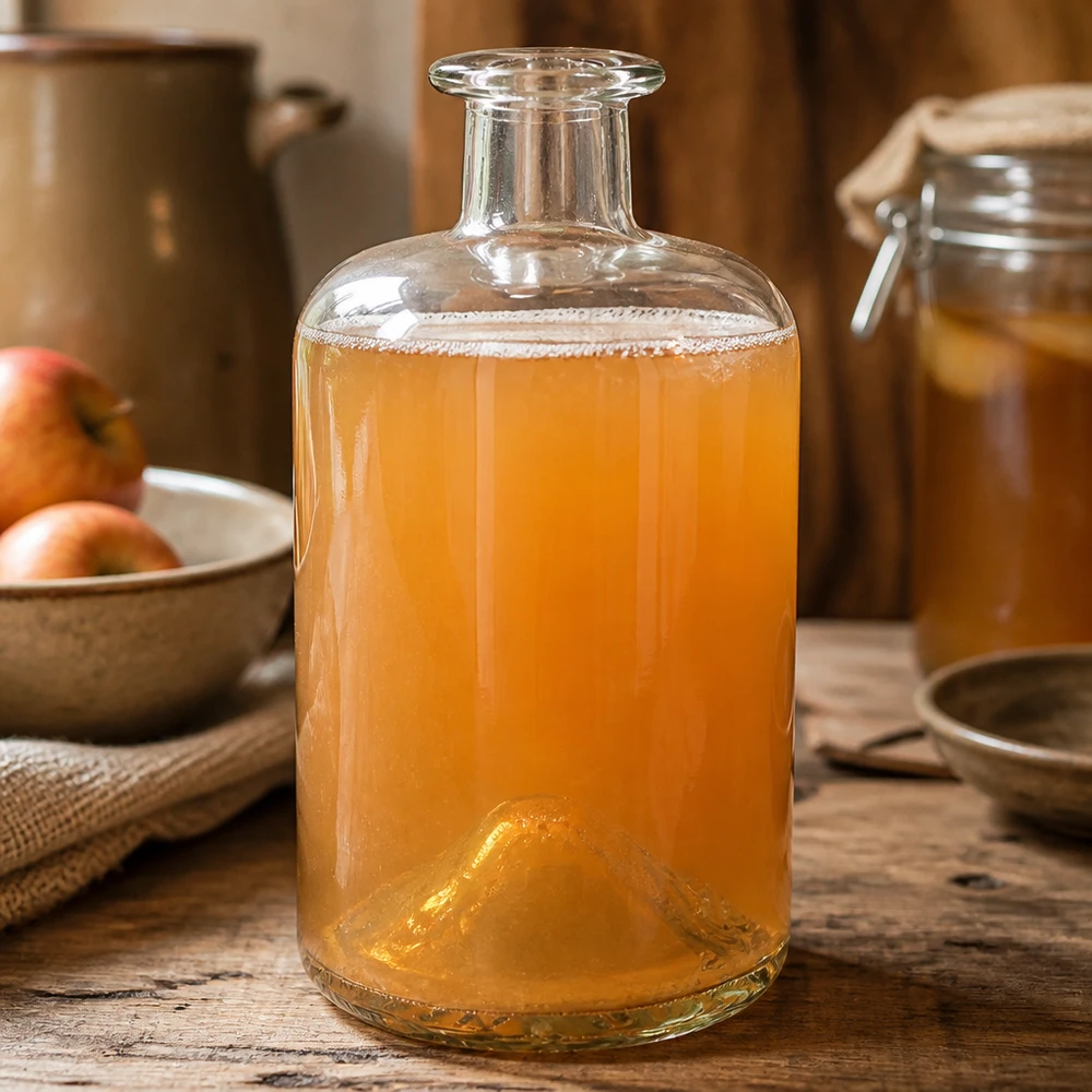 Flacone farmaceutico da 500 ml 500ml Glasflasche "Sofia" ohne Verschluss UNiTWIST senza tappo UNiTWIST® Bottiglia da farmacia da 500 ml Sofia riempita di Kombucha bevanda fermentata cucina rustica tavolo di legno bottiglia di vetro UNiTWIST