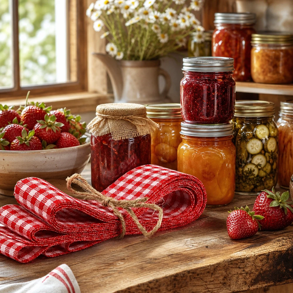 Nastro in tessuto rosso/bianco per decorazioni, 300 cm Nastro in tessuto a quadretti bianchi e rossi di 300 cm, decorato con barattoli da conserva e fragole in una cucina rustica