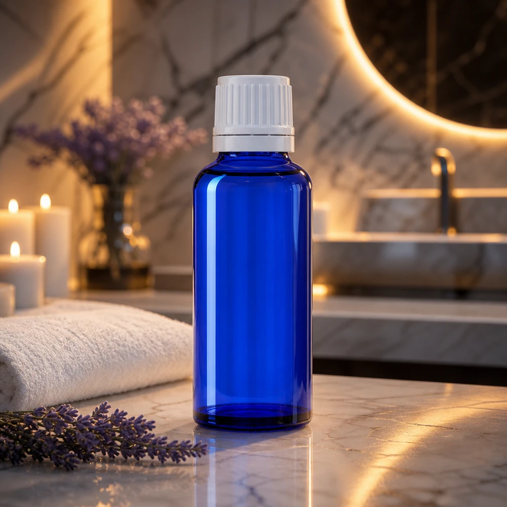 Apothekenflasche blau 30ml Tropfverschluss 1.2mm weiß Originalitätsverschluss Blaue Apothekerflasche 30ml mit Originalverschluss und Tropfeinsatz für Kosmetik und Naturheilkunde