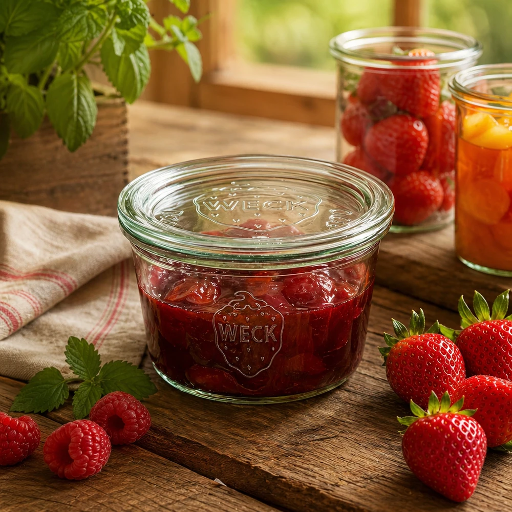 Bocal WECK RR100 de 290 ml, à bord évasé et couvercle en verre WECK Einmachglas 290ml mit Erdbeermarmelade gefüllt auf Holztisch mit frischen Beeren und Küchenambiente