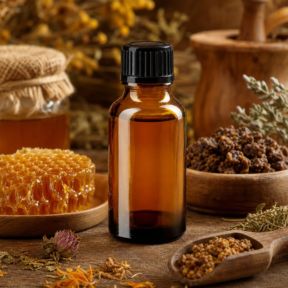 Apothekenflasche braun 20ml Schraubverschluss schwarz Standard Dunkle 20ml Apothekerflasche Glas lichtgeschützt mit Kräutern Pollen und Honigwaben auf Holz