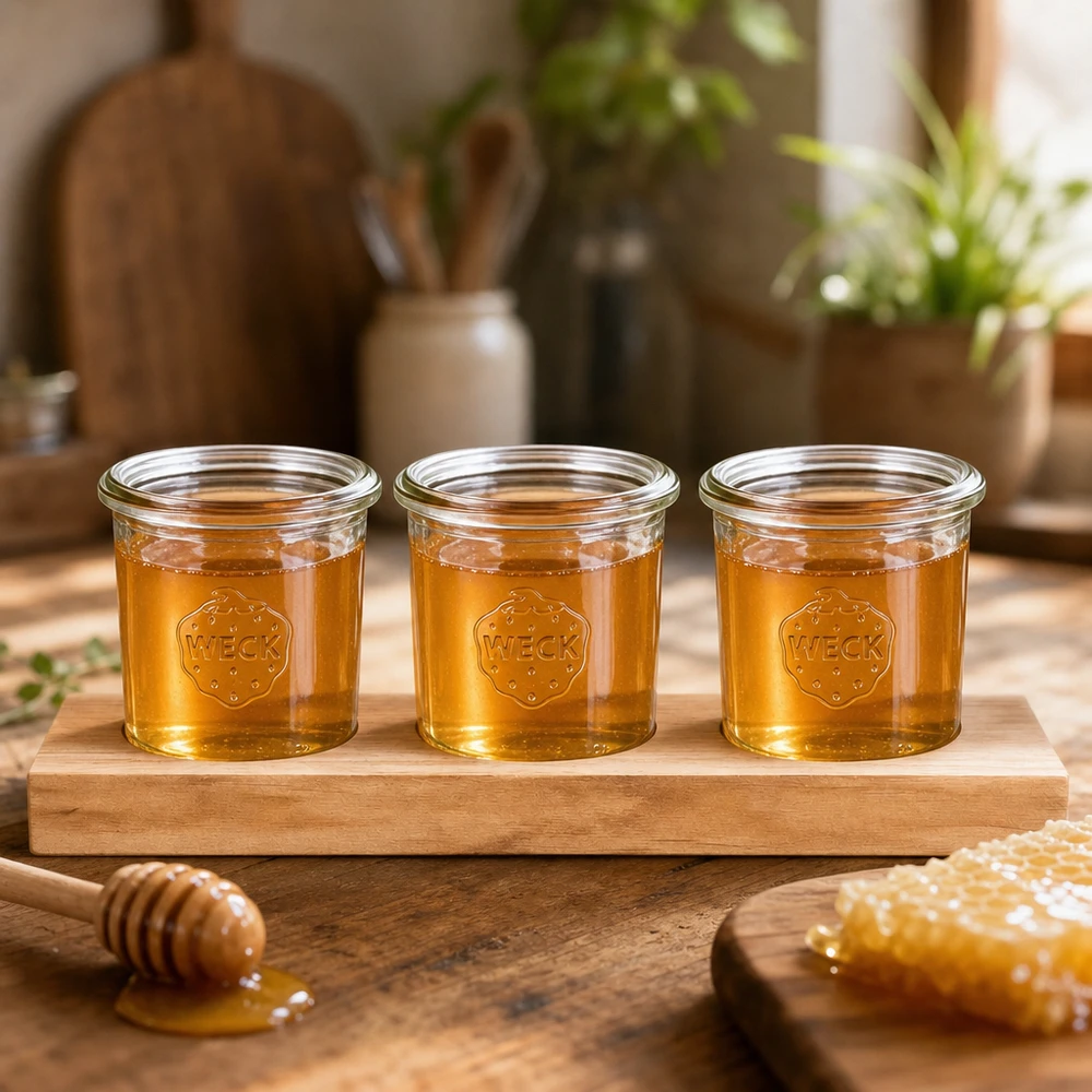 Tagliere Plano3 con 3 vasetti Weck da 140 ml Miele presentato al naturale in tumbler WECK da 140 ml su un tagliere di legno con cucchiaio e nido d'ape.