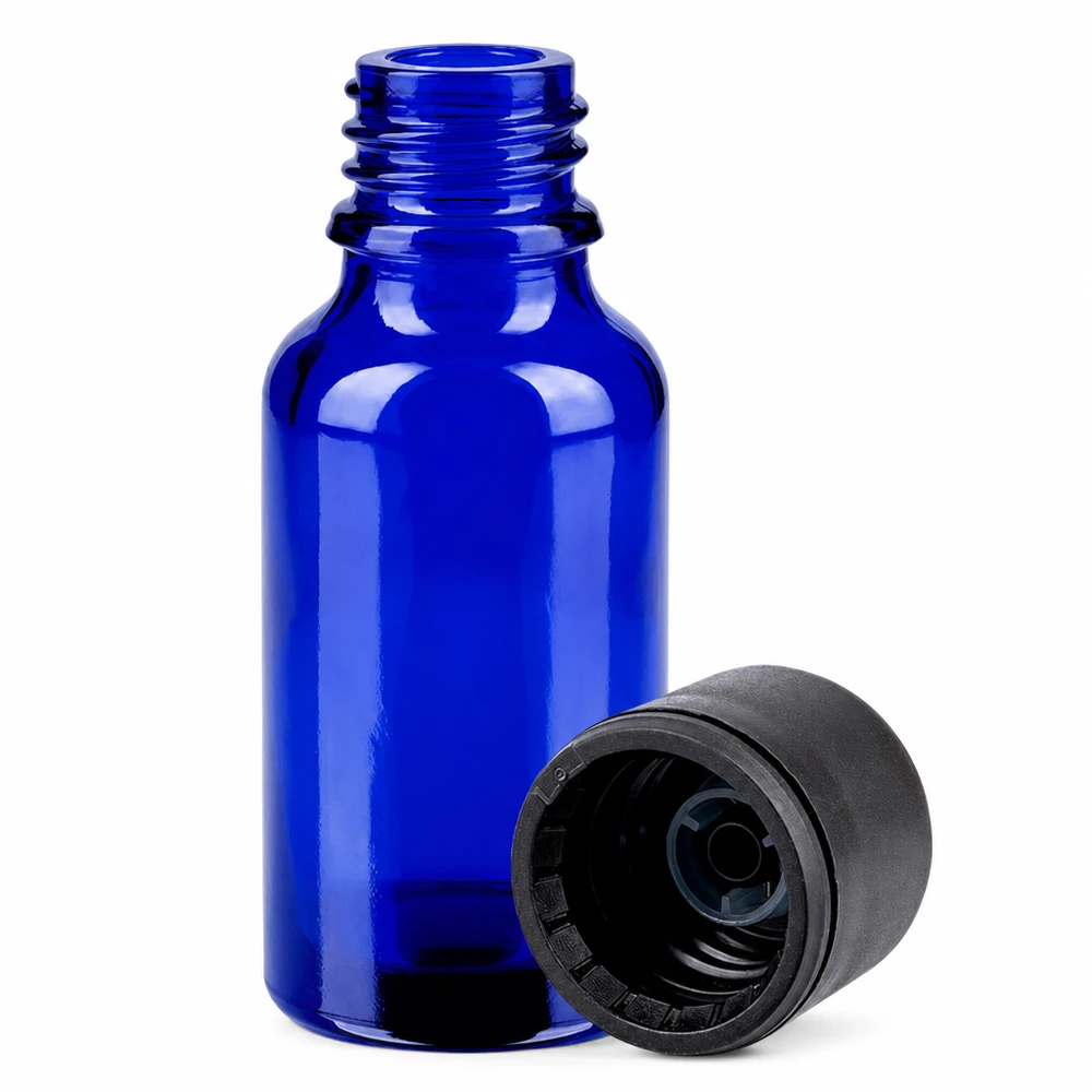20ml Flasche 6mm Schraubverschluss schwarz Standard BlueLine UT18/20 Handliche blaue 20ml Flasche mit 6mm Verschluss STD für sichere Aufbewahrung von Flüssigkeiten