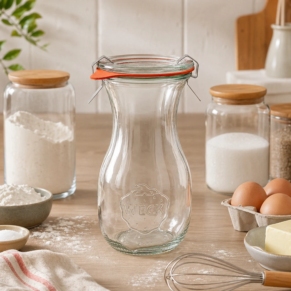 Bottiglia per succhi da 290 ml, set completo WECK RR60 Bottiglia di succo WECK 290ml RR60 vuota nella cucina moderna tra gli ingredienti da forno e i barattoli di stoccaggio sul piano di lavoro