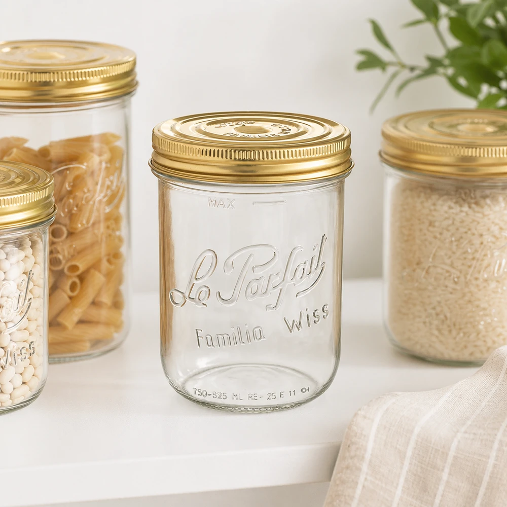 Le Parfait® Familia Wiss 1 kg Ø100 mm vaso Familia Wiss 1020ml mason jar con coperchio dorato per conservare e fare scorta in cucina