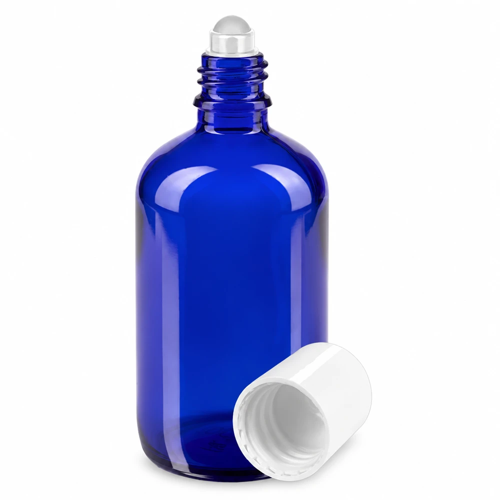 Apothekenflasche blau 100ml Roll-On Verschluss weiß UV-Schutz Roll-On Flasche blau 100ml Glas mit weißer Kappe für ätherische Öle
