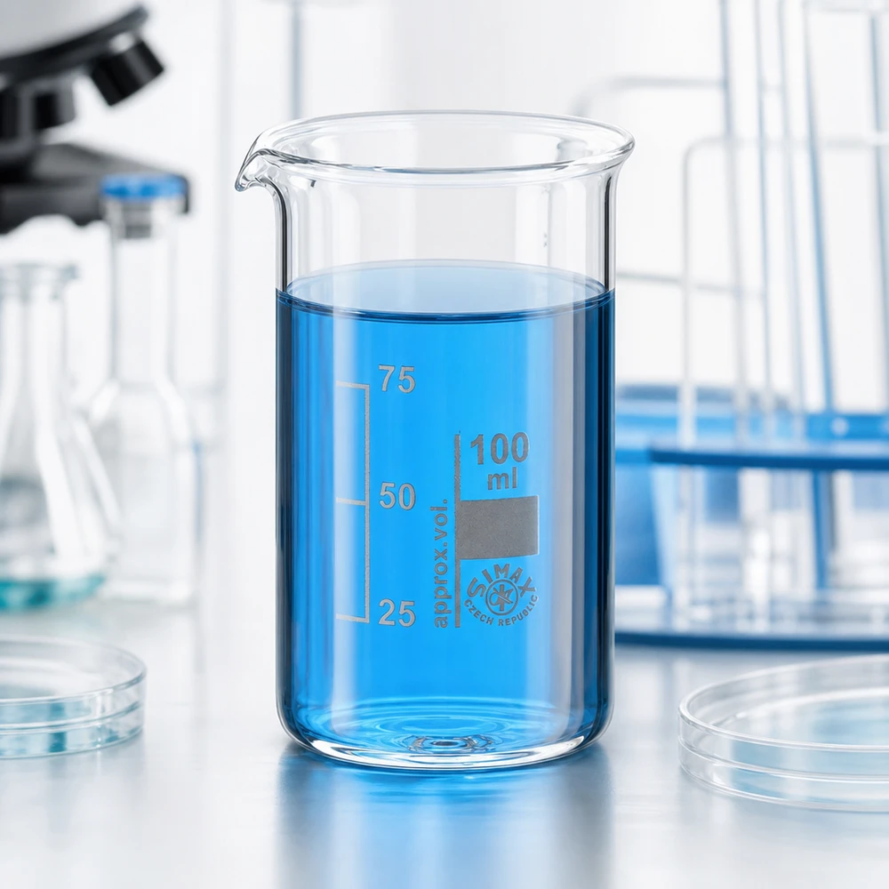 Bicchiere da 100 ml in vetro borosilicato, forma alta Foto di laboratorio: becher da 100 ml di forma alta con liquido blu su sfondo bianco