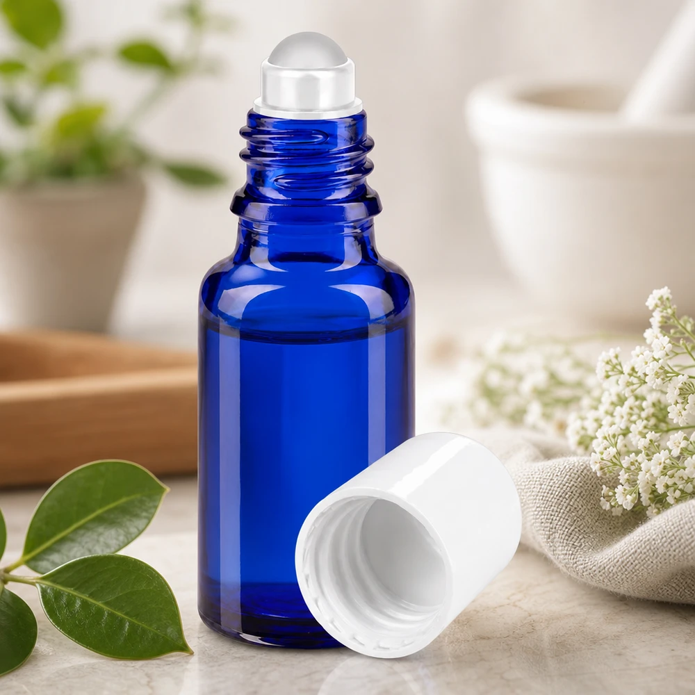 Apothekenflasche blau 20ml Roll-On Verschluss weiß Schlanke 20ml Roll-On Flasche in Kobaltblau mit weißem Verschluss für Aromatherapie