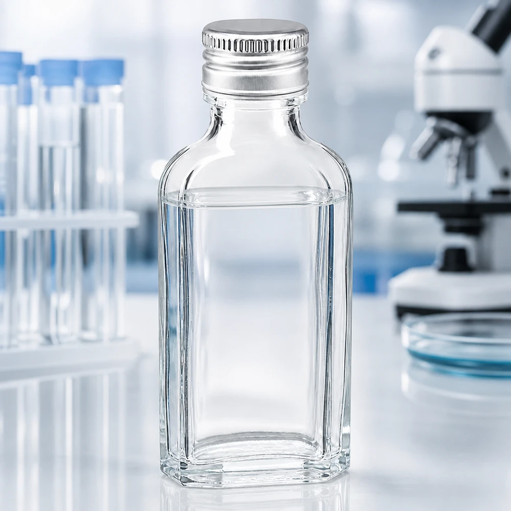 50 ml Meplat klar mit Alu Verschluss silber PP22 Hochwertige 50ml Glasflasche eckige Form Meplat klar mit silbernem Aluminiumverschluss PP22