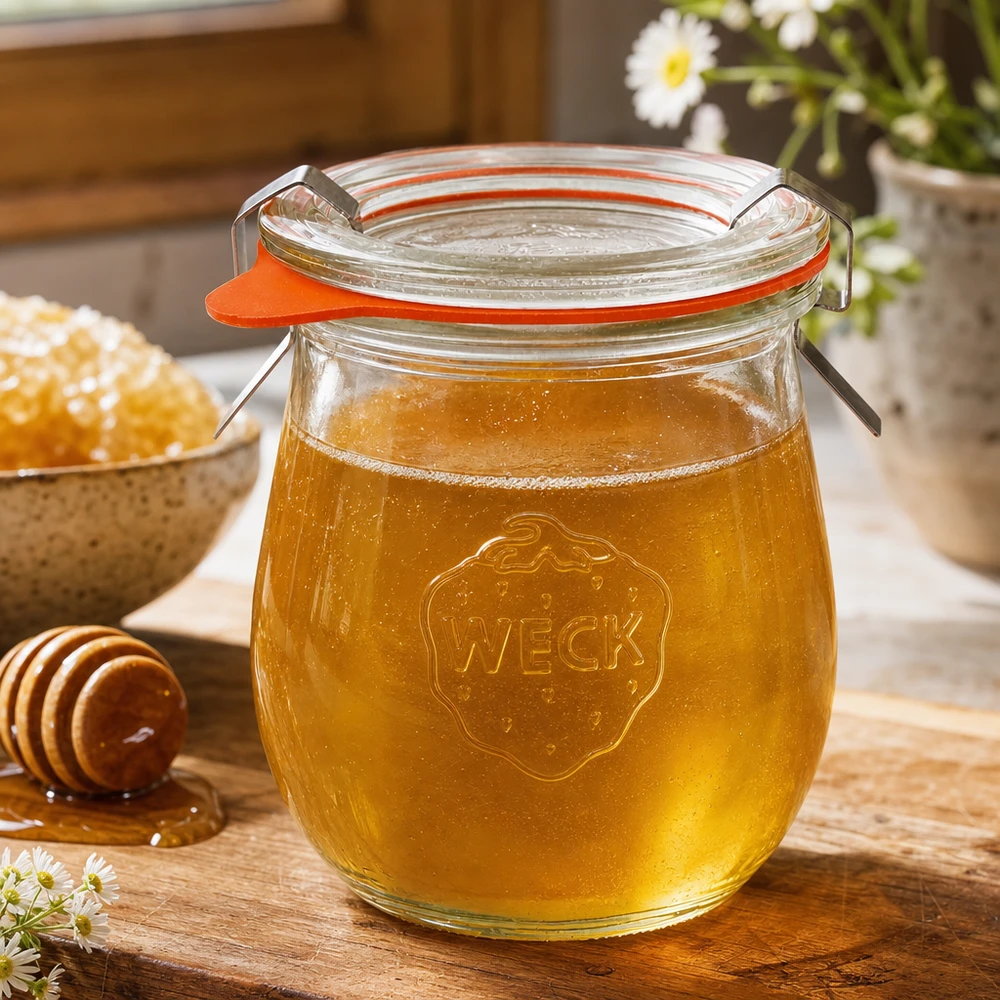 Vaso a tulipano da 220 ml completo WECK RR60 Vaso a tulipano WECK 220ml RR60 pieno di miele su tavolo di legno accanto a cucchiaio e favo in cucina rustica