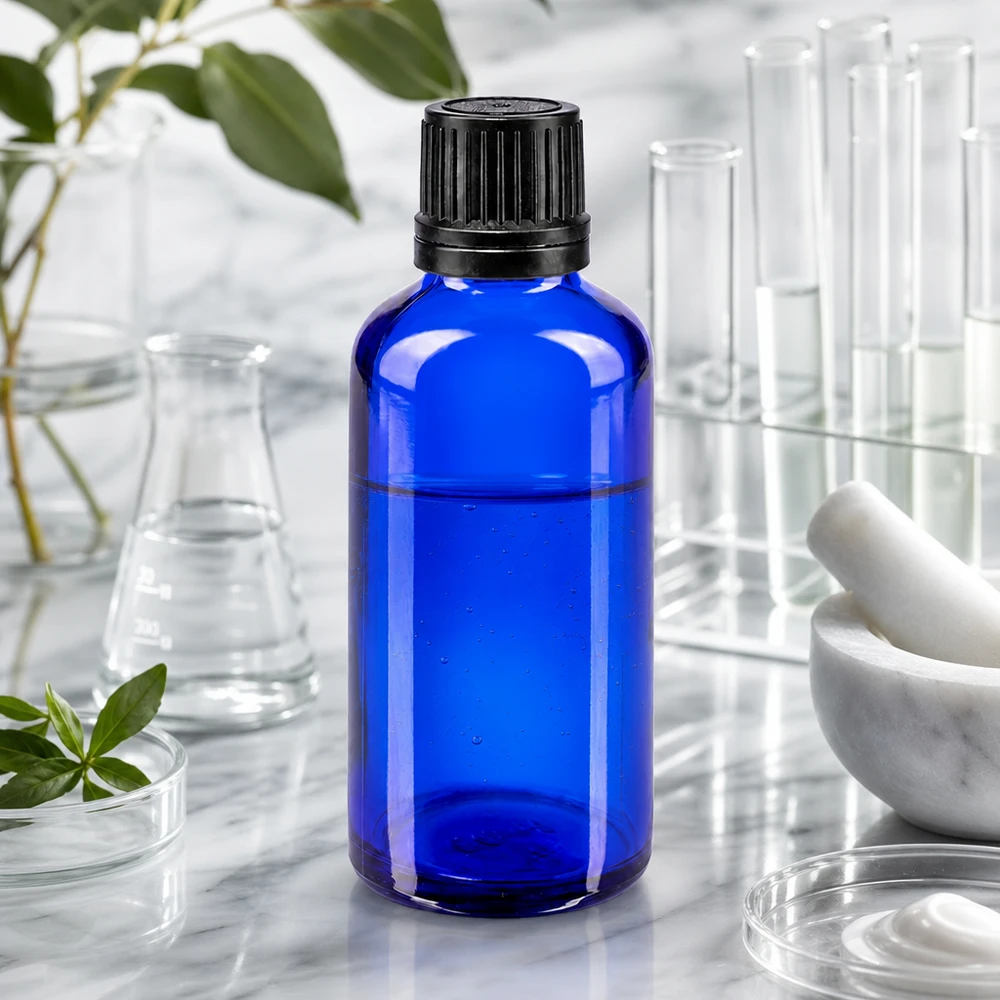 Flacon compte-gouttes bleu de 50 ml avec embout compte-gouttes de précision de 1 mm, dans un environnement de laboratoire avec des tubes à essai