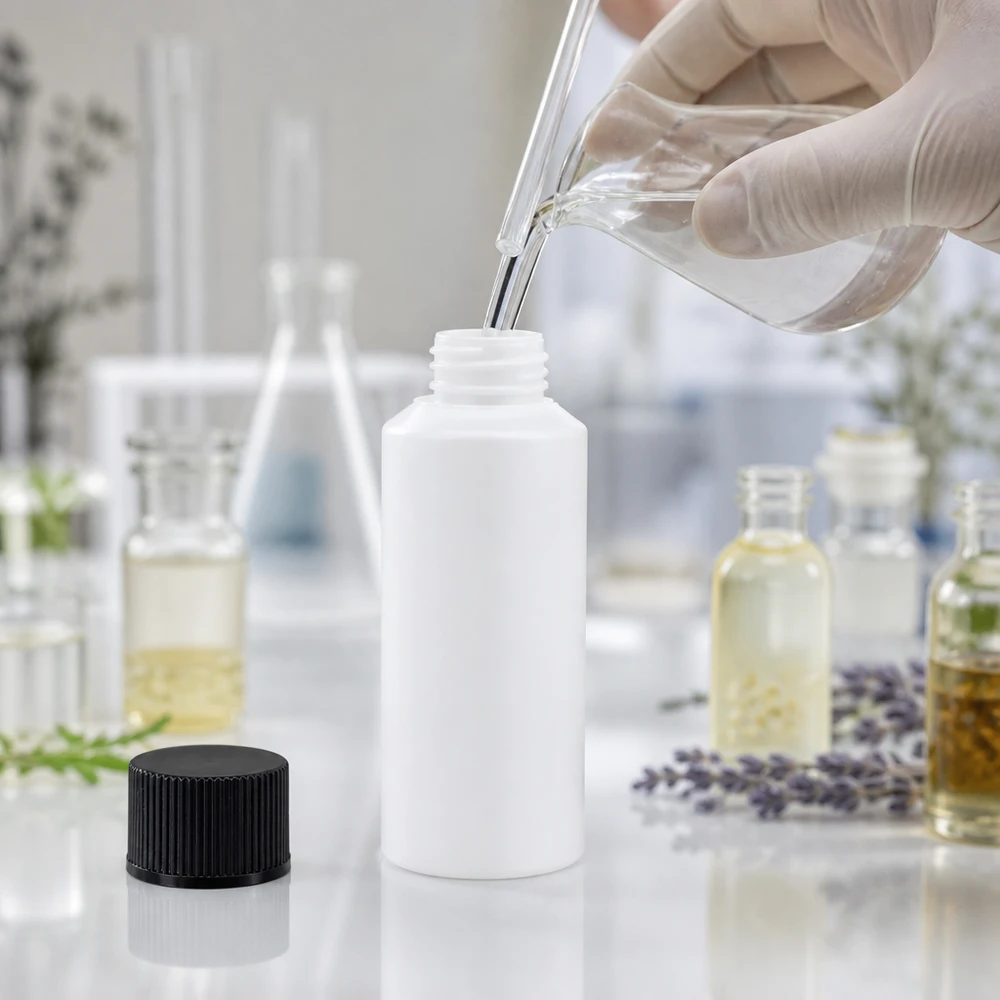 Remplissage d'un flacon de pharmacie en plastique blanc de 30 ml dans un environnement de laboratoire professionnel