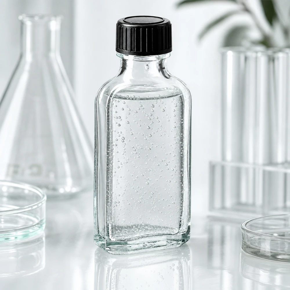50 ml Meplat klar Schraubverschluss mit EPE-Dichtscheibe Kleine rechteckige Klarglasflasche 50 ml Meplat mit schwarzem Deckel auf weißer Laboroberfläche