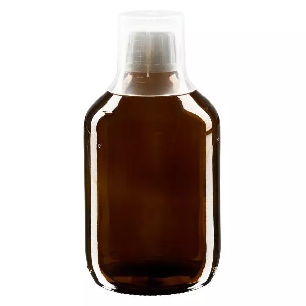 Flacone per medicinali da 300 ml marrone, tappo OV con coppetta dosatrice 3
