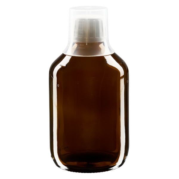 Flacone per medicinali da 300 ml marrone, tappo OV con coppetta dosatrice 3 Flacone per medicinali da 300 ml marrone, tappo OV con coppetta dosatrice 3