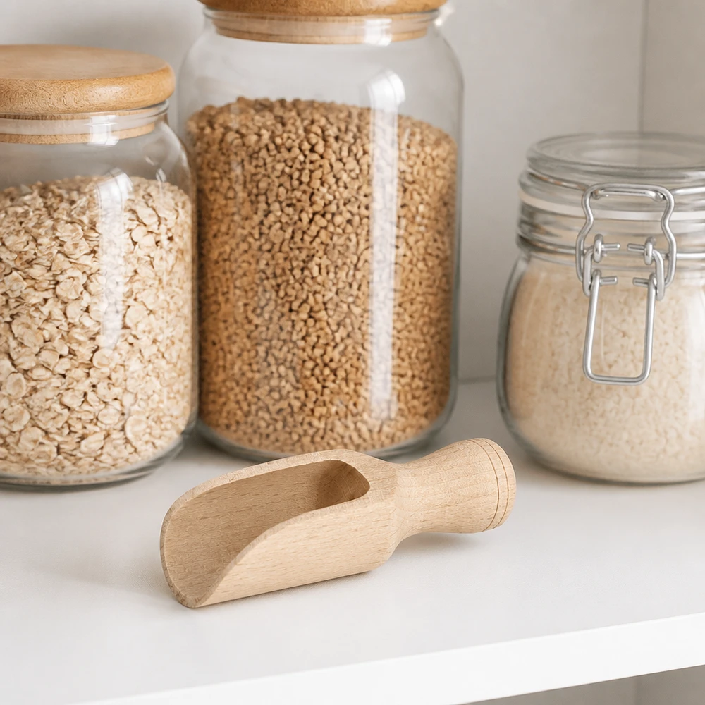 Paletta di legno taglia S a forma semicircolare lunga 7,5 cm Paletta in legno di faggio S 7,5 cm in dispensa con barattoli per cereali, legumi e farina
