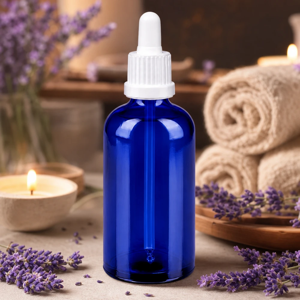 100ml Pipettenflasche weiß Originalitätsverschluss BlueLine UT18/100 Robuste Pipettenflasche 100ml aus UV-schützendem blauem Glas mit weißem Verschluss