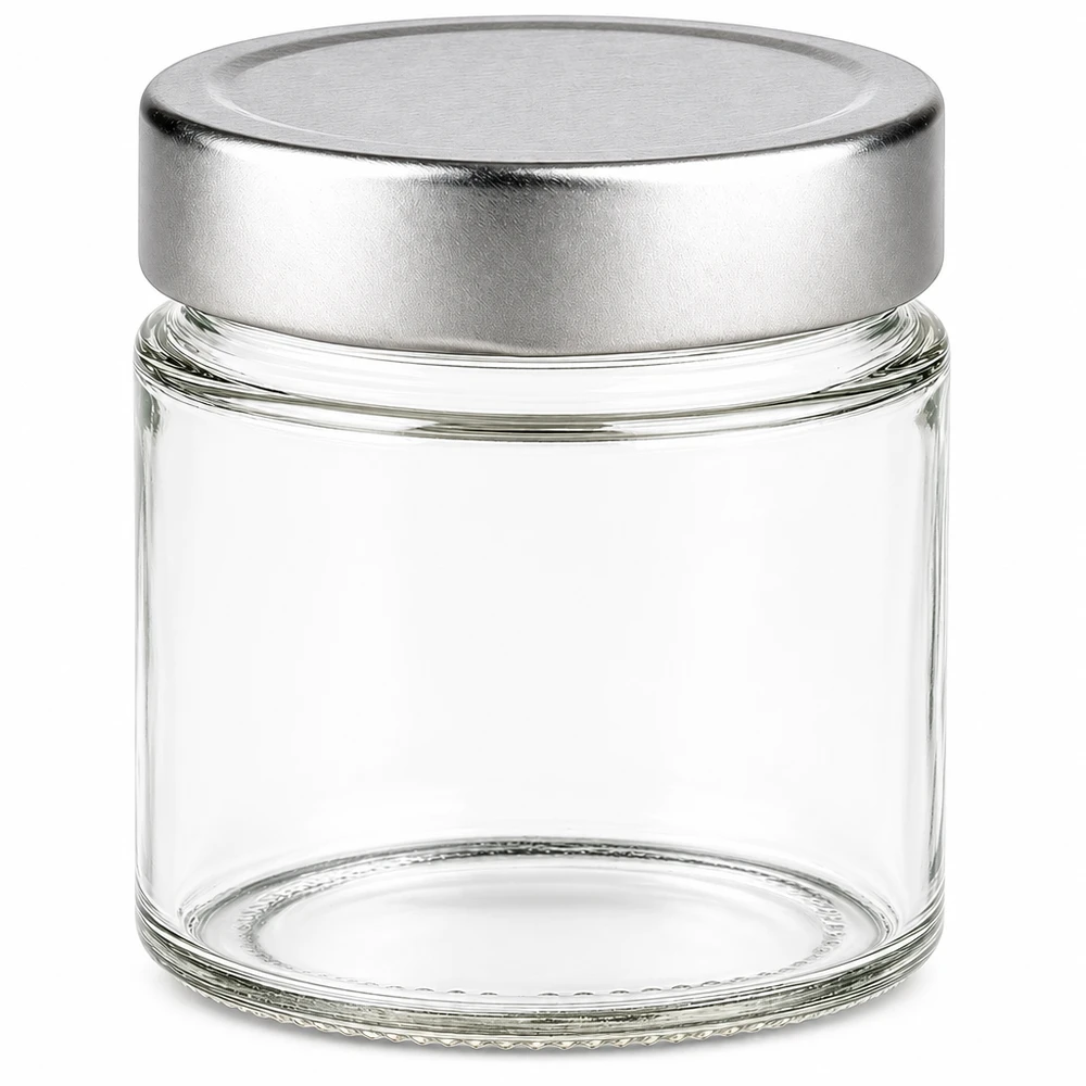 Barattolo rotondo da 135 ml con coperchio BasicSeal argento vuoto su sfondo bianco Barattolo di vetro per la conservazione dei prodotti