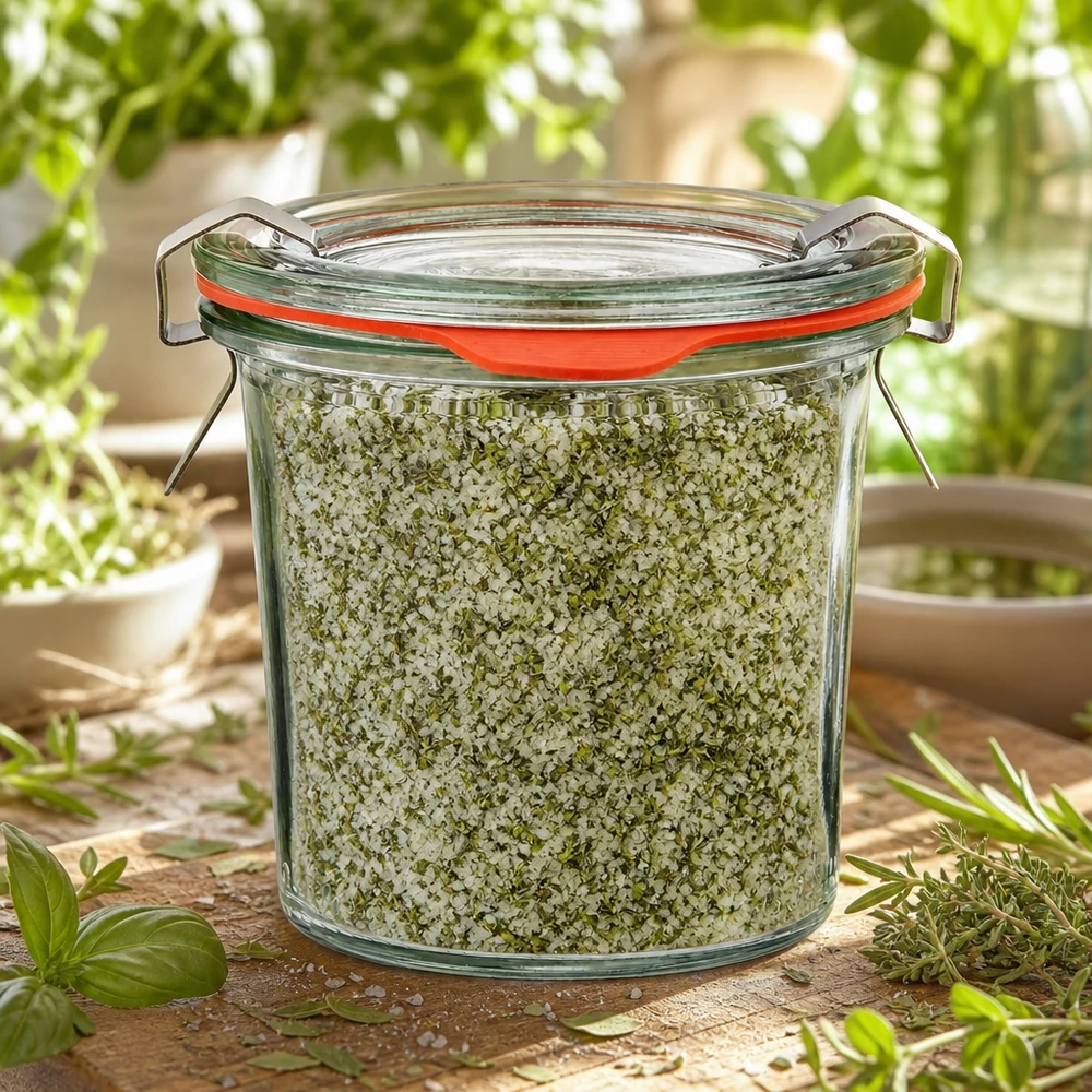 Vasetto WECK Mini da 140 ml: idea regalo con sale alle erbe aromatiche su sfondo verde