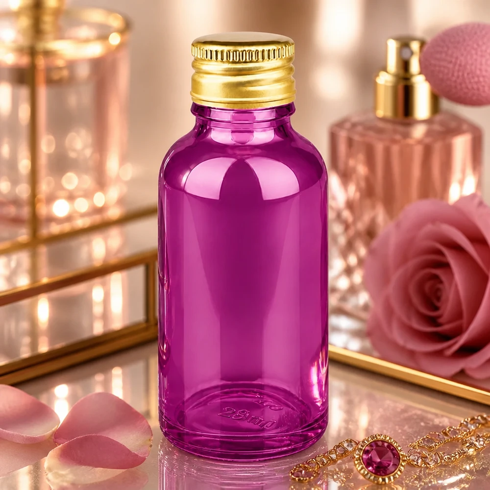 30ml Flasche 11mm Schraubverschluss Alu-Gold Standard PurpleLine. UT18/30 Moderne 30ml Violett-Flasche mit spiegelglatter Oberfläche ideal für Beauty-Produkte und Essenzen
