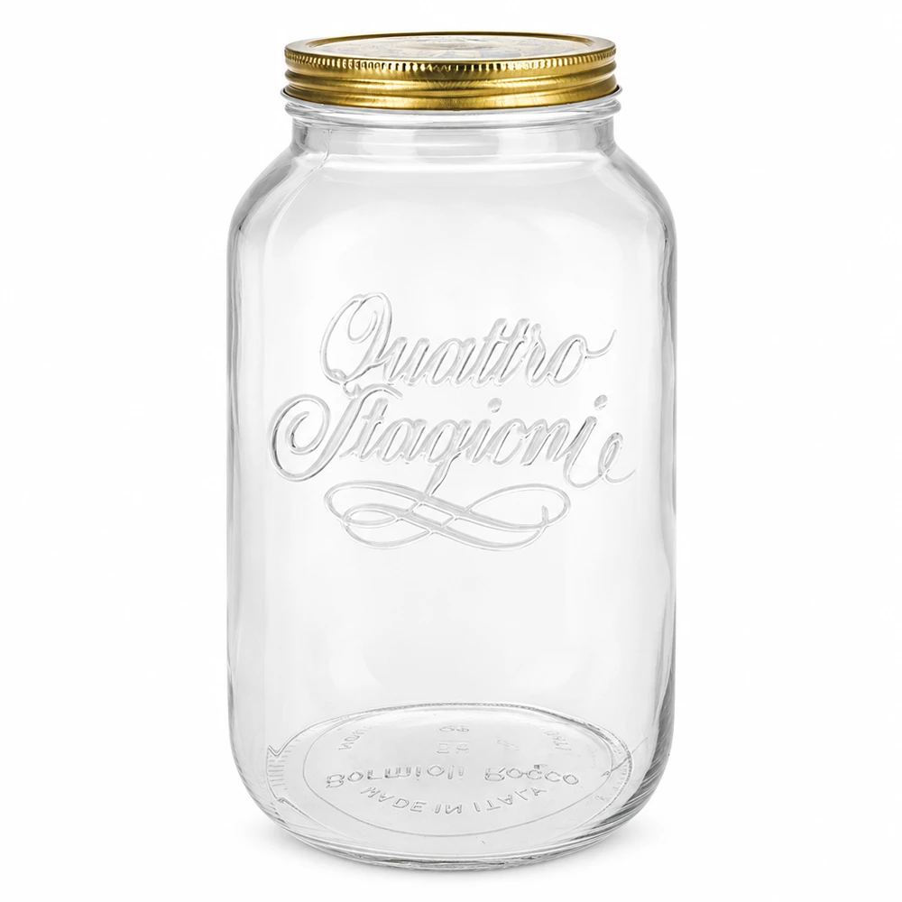 Vaso rotondo "Quattro Stagioni" da 3800ml con coperchio Quattro Stagioni vaso rotondo 3800ml con coperchio a vite dorato vaso da conserva design italiano vuoto