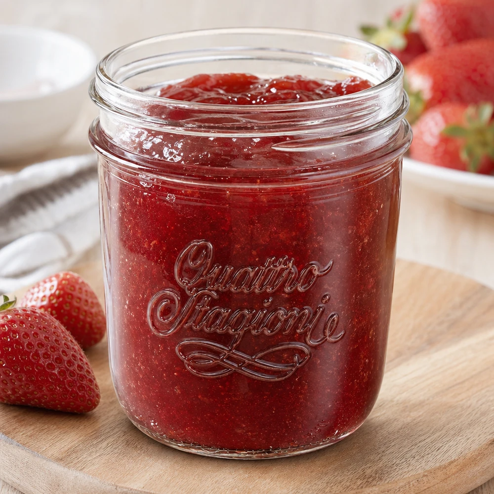 320ml Sturzglas "Quattro Stagioni" QS86mm Quattro Stagioni Sturzglas 320ml mit Erdbeermarmelade gefüllt auf Holzbrett mit frischen Erdbeeren