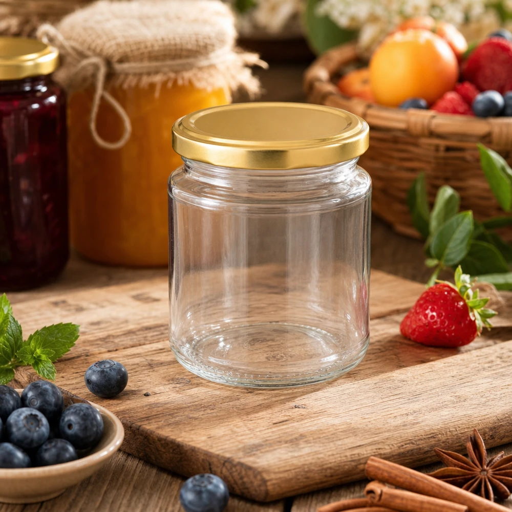 212ml Rundglas + BasicSeal Deckel gold TO63 UNiTWIST 212ml Rundglas UNiTWIST mit goldenem Deckel auf Holzbrett umgeben von frischen Beeren und Marmeladengläsern