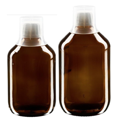 Braunglas Euro- Medizinflaschen mit Dosierbecher & OV