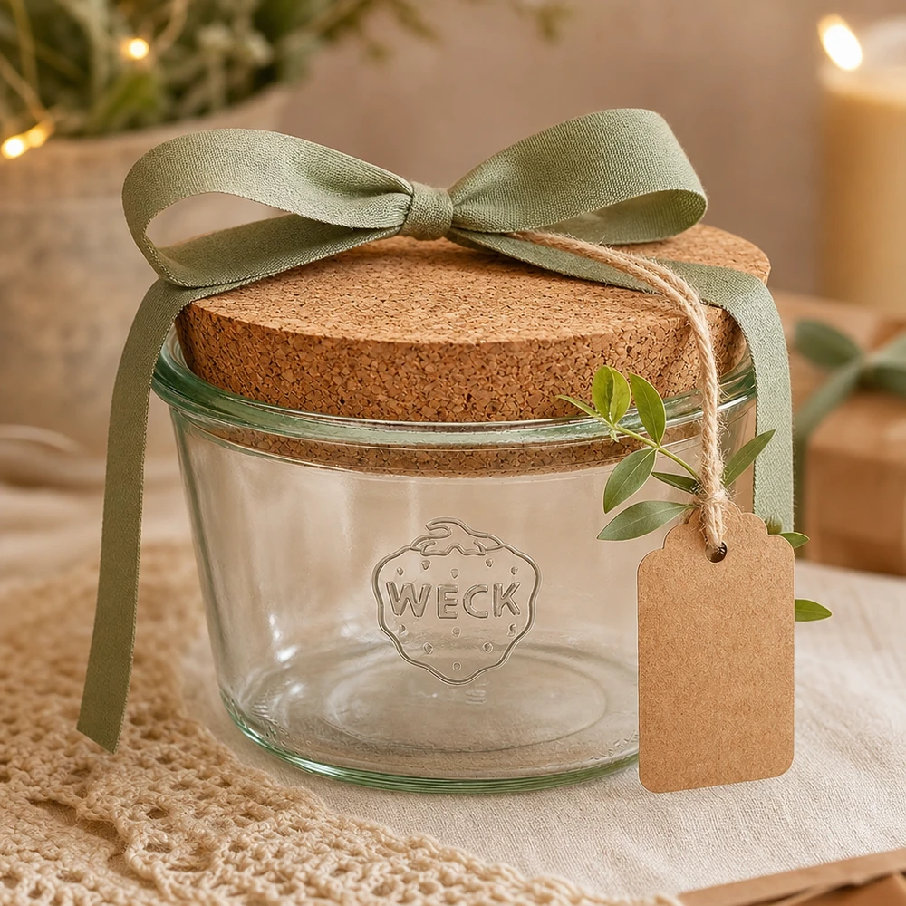 370ml Sturzglas WECK RR100 mit Korken natur WECK Sturzglas 370ml RR100 mit Korkdeckel als Geschenk dekoriert mit grüner Schleife und Anhänger im Wohnambiente