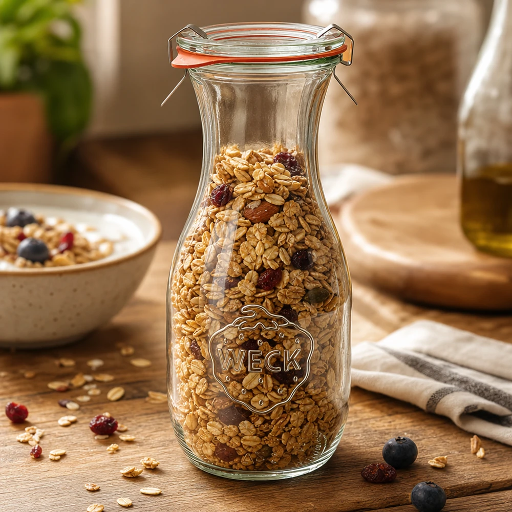 Set completo con bottiglia per succhi da 530 ml WECK RR60 La bottiglia di succo RR60 da 530 ml di WECK riempita di muesli mostra la versatilità di conservazione di cereali e frutta secca