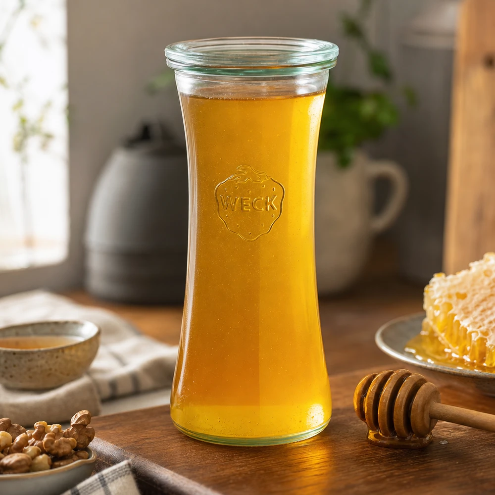 Vasetto WECK da 700 ml RR80 pieno di miele accanto a favo e cucchiaio da miele in una cucina accogliente
