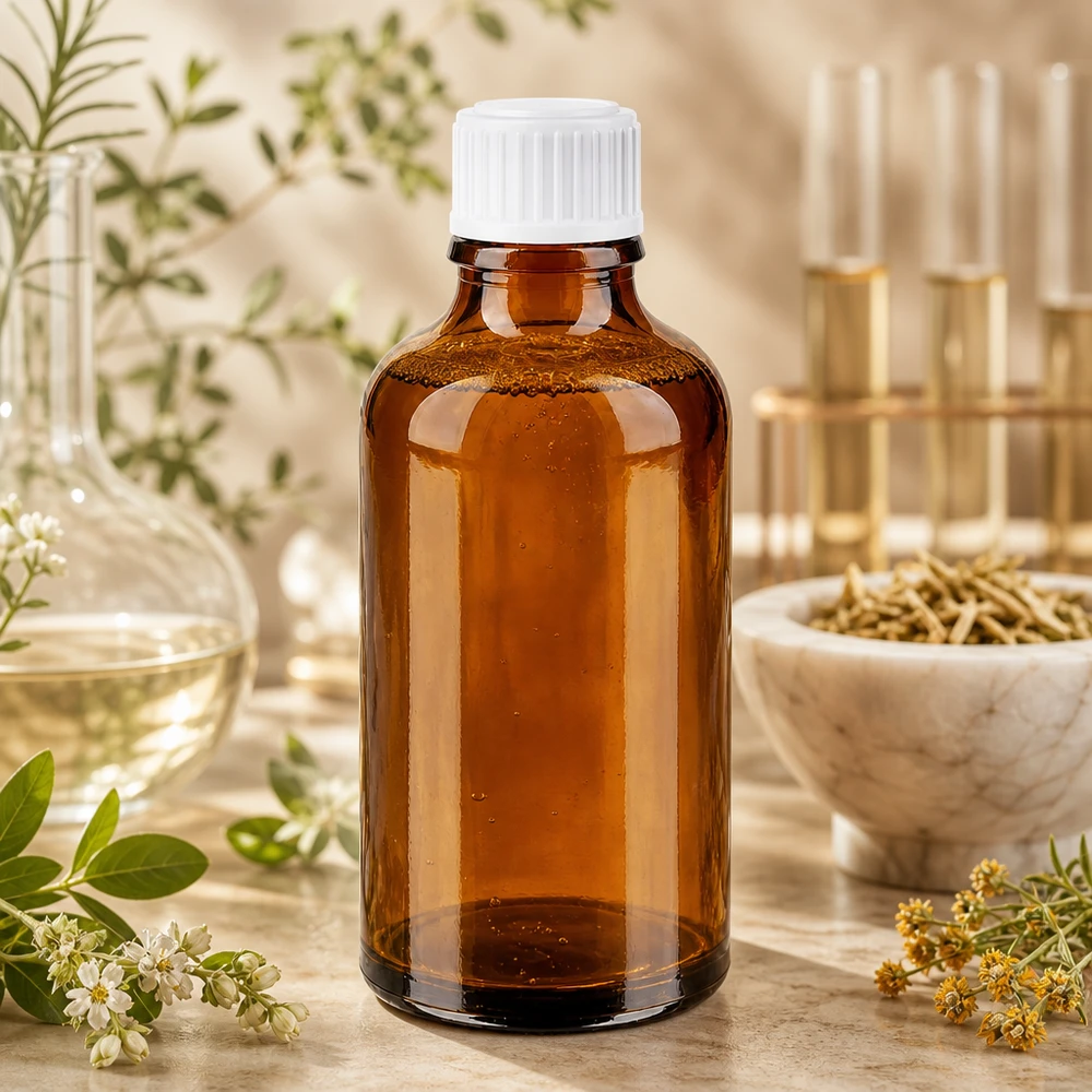 Apothekenflasche braun 50ml Schraubverschluss weiß Standard Kompakte braune Apothekerflasche 50ml neben Erlenmeyerkolben und getrockneten Heilpflanzen