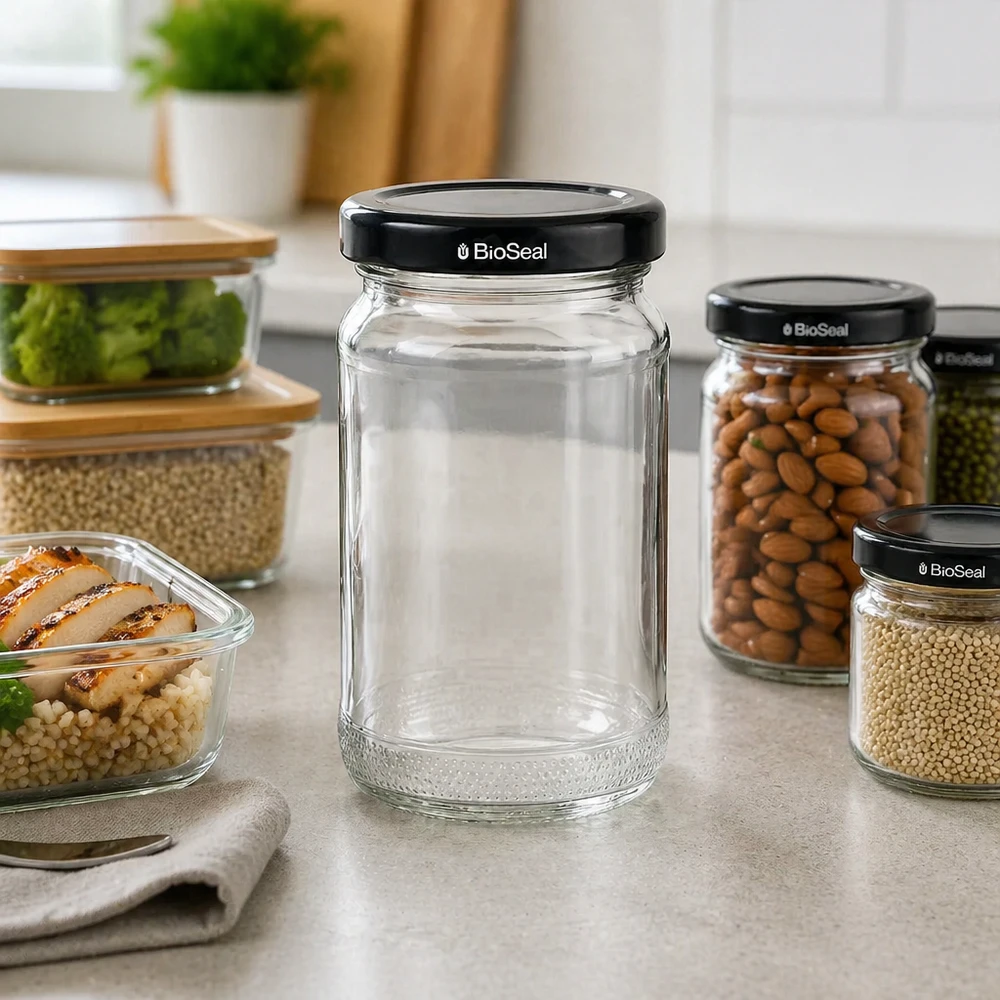 UNiTWIST Runda110 leeres Glasgefäß mit schwarzem TO48 BioSeal Deckel in Küchen-Ambiente neben gefüllten Vorratsgläsern