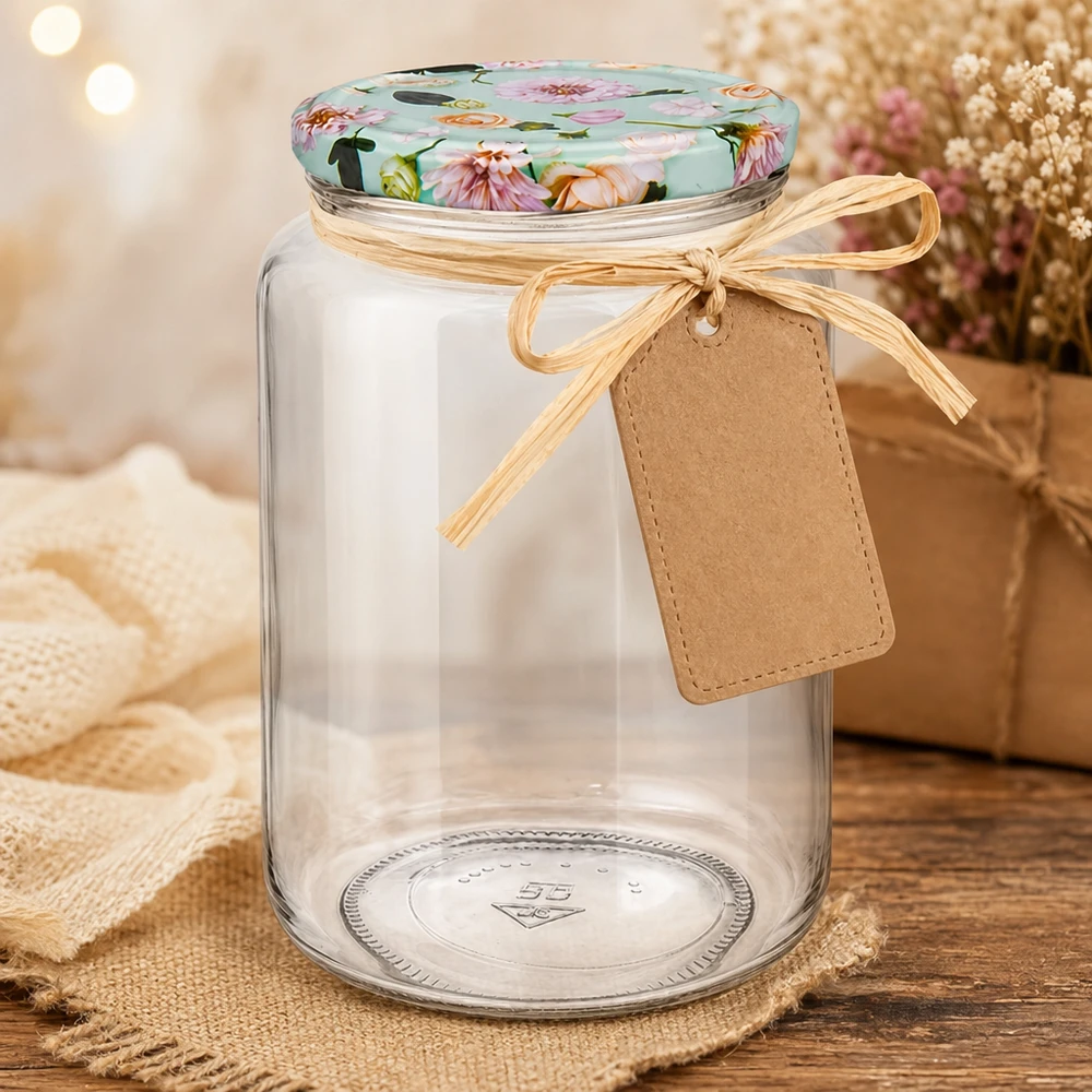 Barattolo rotondo da 795 ml con nastro ed etichetta da regalo, coperchio con fiore di menta per idee regalo creative fai da te