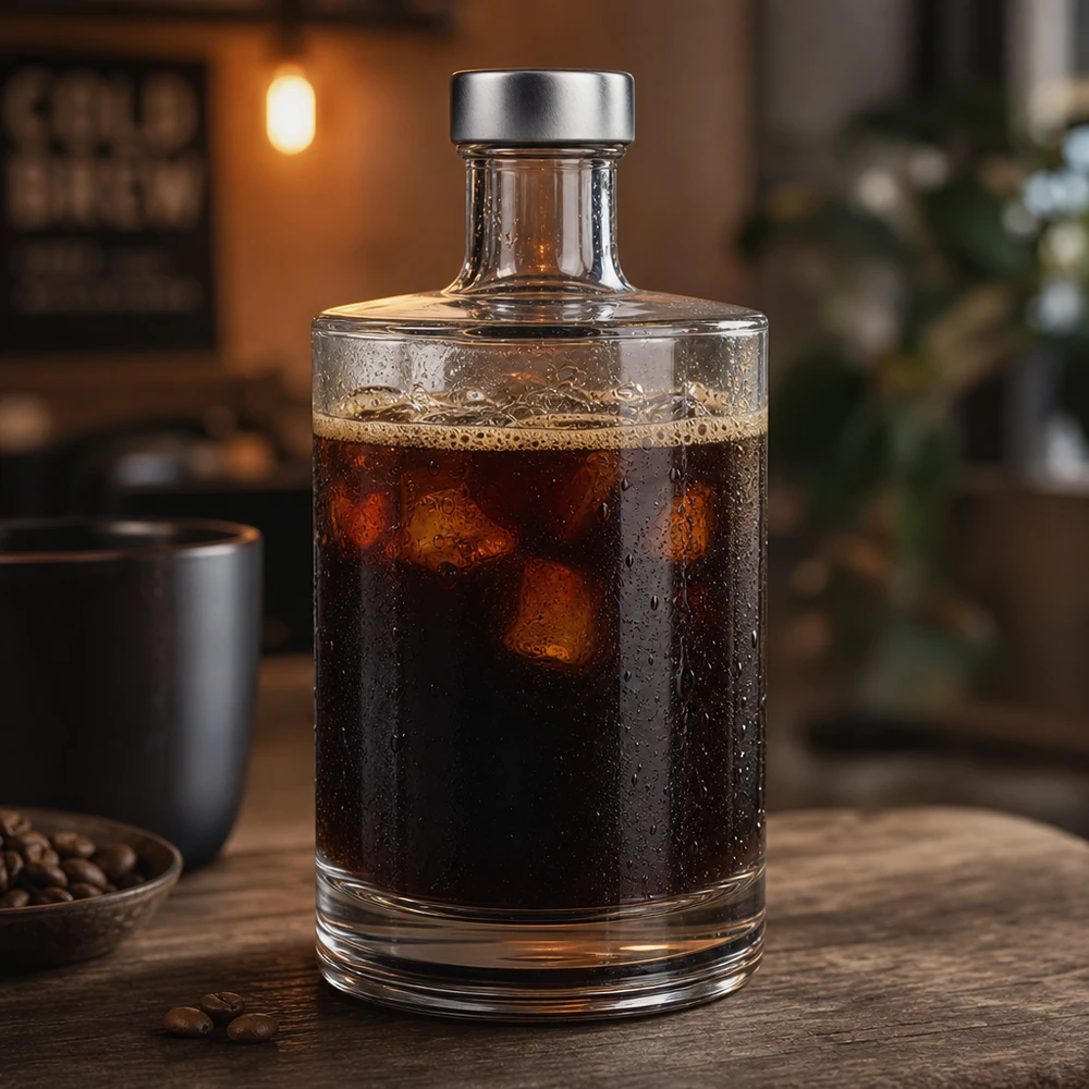 Bottiglia di vetro da 500 ml Sam riempita di caffè freddo su un tavolo di legno accanto a chicchi di caffè in un'atmosfera accogliente da bar.