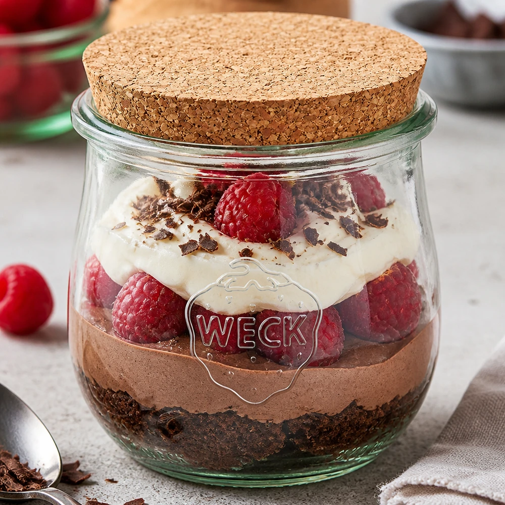 Vaso WECK 370ml RR80 con coperchio in sughero come vaso da dessert per dessert a strati con crema al cioccolato e lamponi