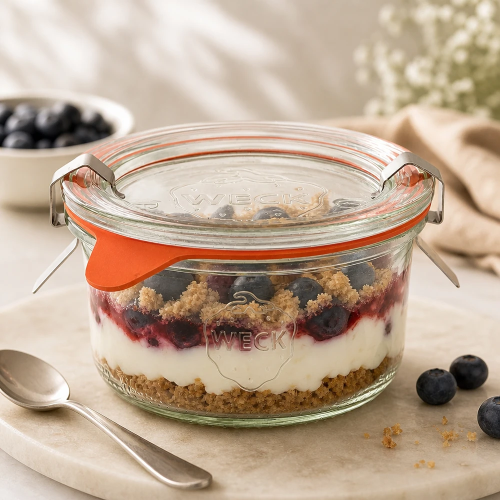 165ml Sturzglas komplett WECK RR80 WECK Sturzglas 165ml RR80 mit Schichtdessert aus Blaubeeren, Joghurt und Streuseln als Portion auf Marmorbrett