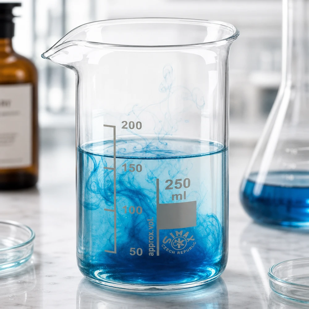 Bicchiere 250ml in vetro borosilicato, forma alta Becher da 250 ml di forma alta contenente un liquido blu e nuvole di colorante in un ambiente di laboratorio