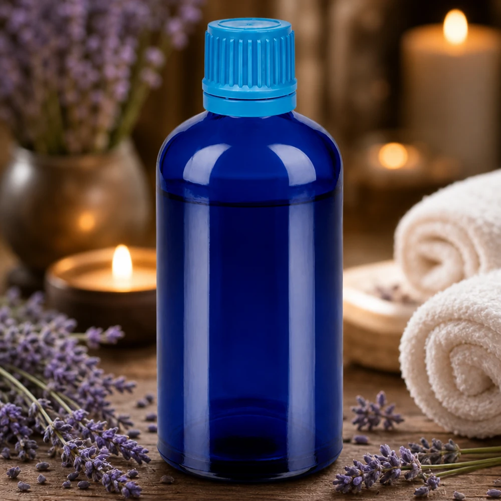 100ml Flasche 11mm Schraubverschluss blau Originalitätsverschluss BlueLine UT18/100 Premium blaue Glasflasche 100ml mit matter Oberfläche für hochwertige Naturkosmetik