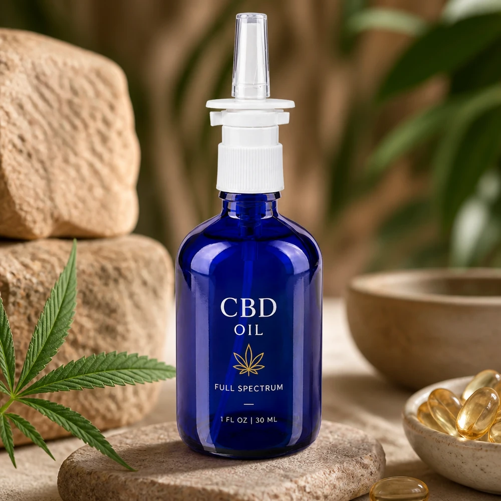 Hochwertige blaue Apothekerglasflasche 100ml mit Nasensprühkopf für Öl und Flüssiganwendungen