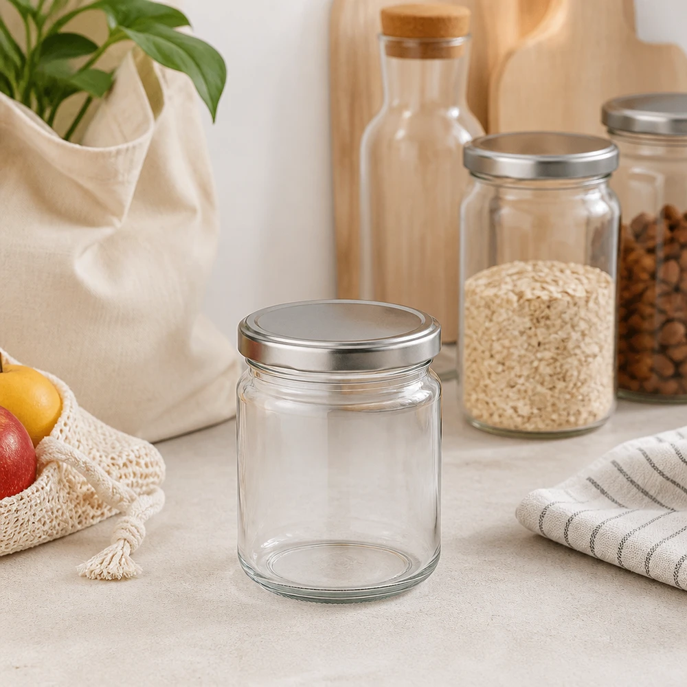 Vasetto rotondo da 212 ml con coperchio argentato in cucina sostenibile a rifiuti zero con vasetti di stoccaggio e sacchetto di iuta