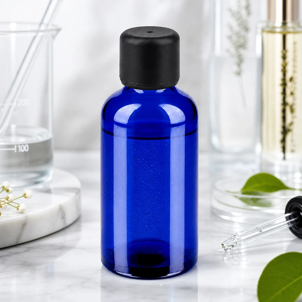 50ml Flasche 6mm Schraubverschluss schwarz Standard BlueLine UT18/50 Vielseitige blaue 50ml Flasche perfekt für Reisegrößen von Parfum Ölen und Beauty-Essenzen