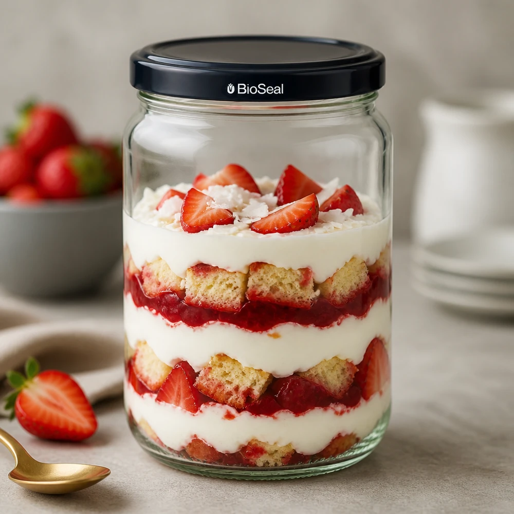 Barattolo UNiTWIST Runda305 con strato trifle e coperchio nero BioSeal riempito con fragole e panna come dessert