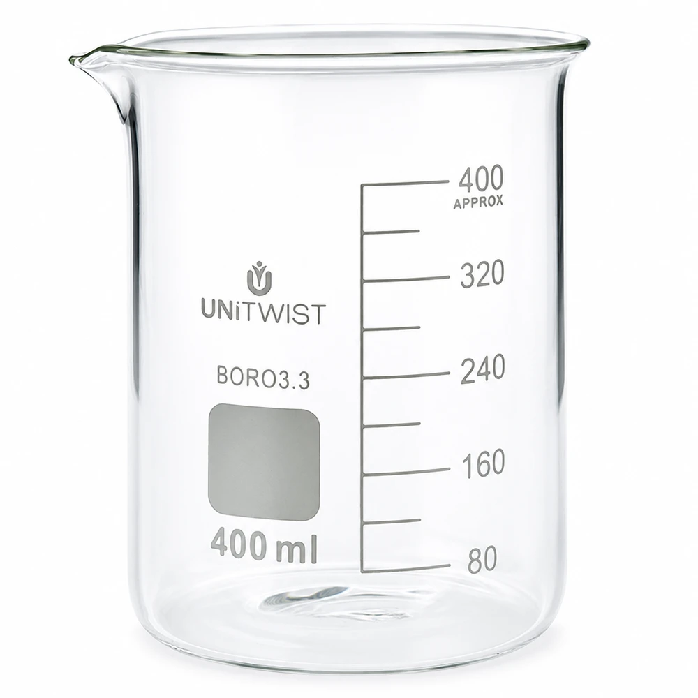 Bicchiere 400ml borosilicato, stampo basso UNiTWIST Bicchiere da laboratorio da 400 ml in borosilicato, a forma bassa, della UNiTWIST con scala in millilitri