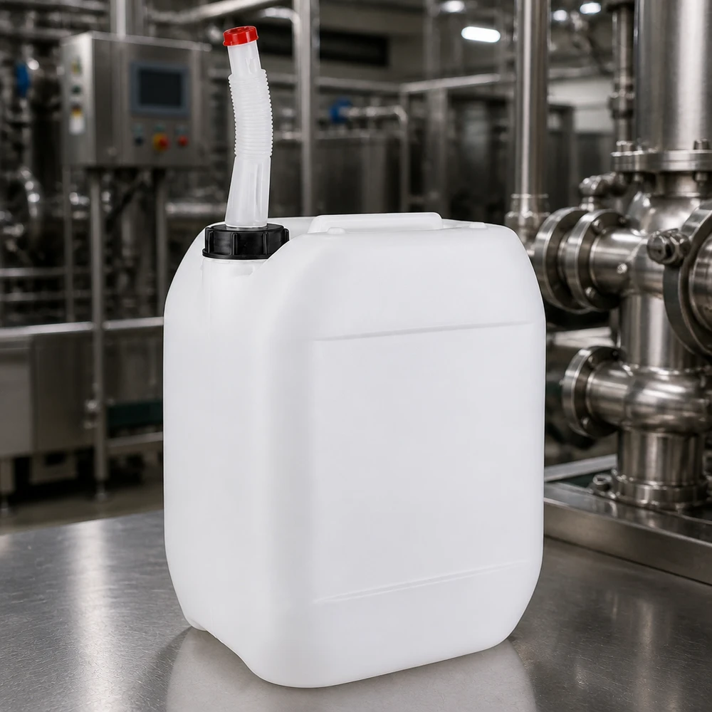Bidon 10 litres avec tuyau d'écoulement Flex Bidon en HDPE de 10 litres, adapté au contact alimentaire, avec bec verseur flexible pour un dosage sûr des liquides
