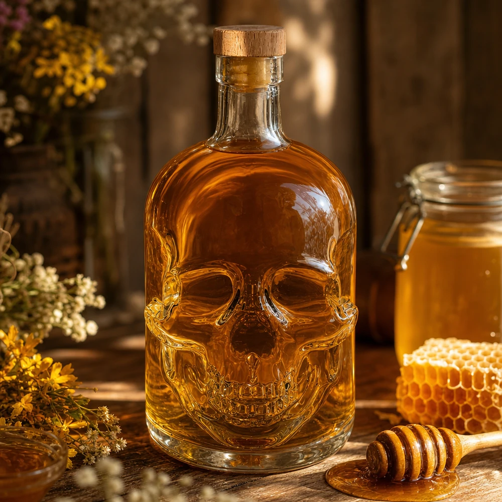Bottiglia in vetro da 700 ml Jack con tappo in sughero con impugnatura in legno UNiTWIST® Totenkopf-Glasflasche 700ml mit Honig befüllt, umgeben von Bienenwaben und Wildblumen in rustikaler Atmosphäre