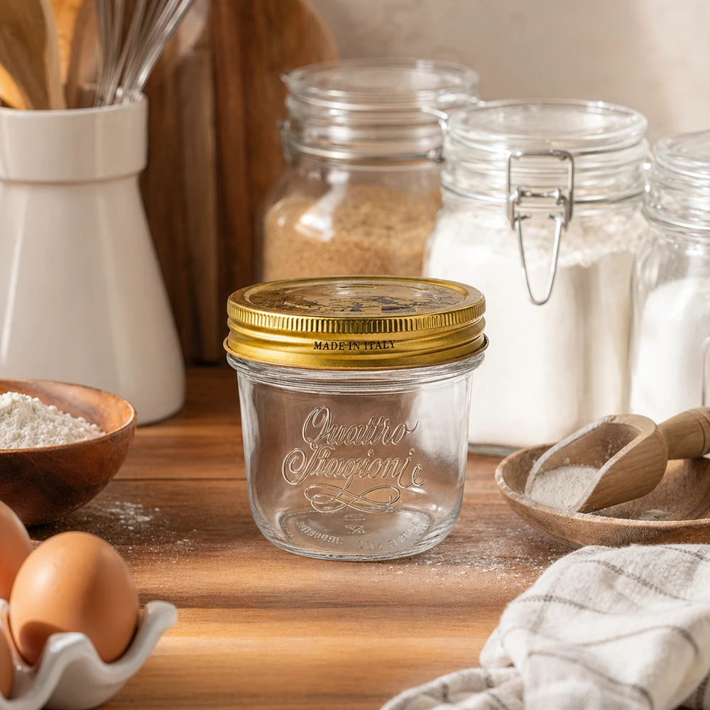 Bicchieri Quattro Stagioni da 200 ml con coperchio dorato su tavola di legno accanto a farina, uova e utensili da cucina Made in Italy