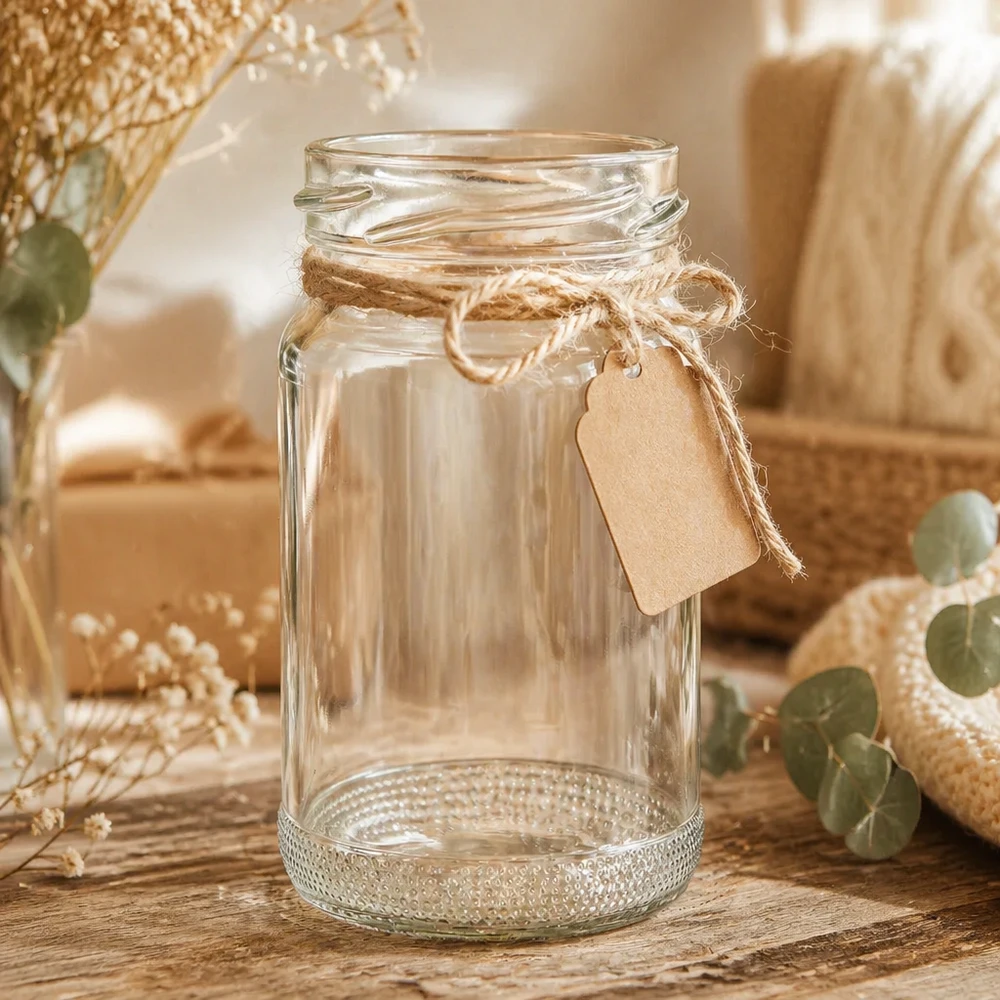 UNiTWIST Runda110 Rundglas 110ml TO48 Einmachglas mit Juteschnur und Anhänger auf Holztisch dekoriert